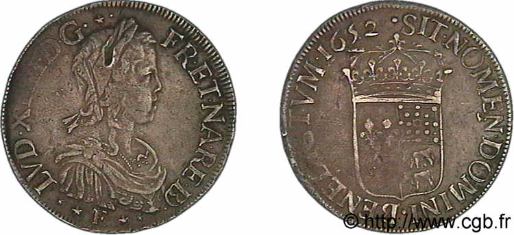 LOUIS XIV &nbsp;THE SUN KING&nbsp; Écu à la mèche longue de Béarn 1652 Pau XF