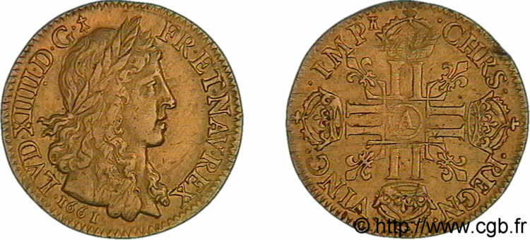 LOUIS XIV  THE SUN KING  Louis d or aux huit L, portrait apollinien 1661 Paris fVZ