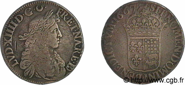 LOUIS XIV LE GRAND OU LE ROI SOLEIL Écu au buste juvénile du Béarn, 2e type 1667 Pau TB