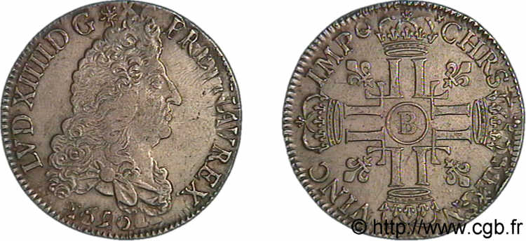 LOUIS XIV LE GRAND OU LE ROI SOLEIL Demi-écu aux huit L, 1er type (portrait définitif) 1690 Rouen TTB/TTB+