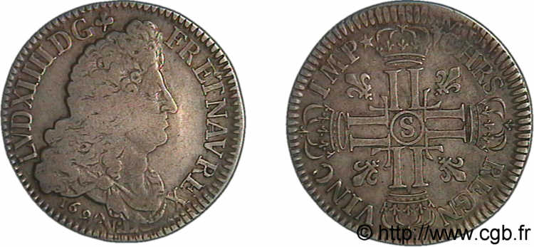 LOUIS XIV  THE SUN KING  Demi-écu aux huit L, 1er type (portrait définitif) 1690 Reims VF/XF