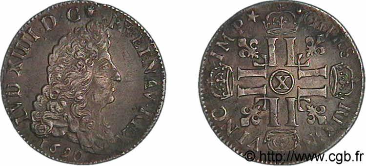 LOUIS XIV  THE SUN KING  Quart d écu aux huit L, 1er type, (type définitif) 1690 Amiens fVZ/SS