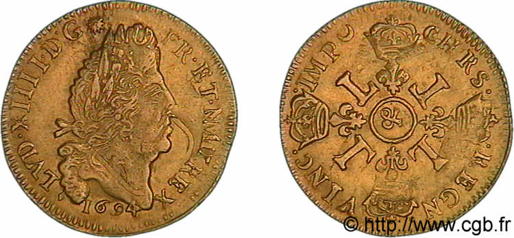 LOUIS XIV  THE SUN KING  Louis d or aux quatre L 1694 Aix-en-Provence q.SPL