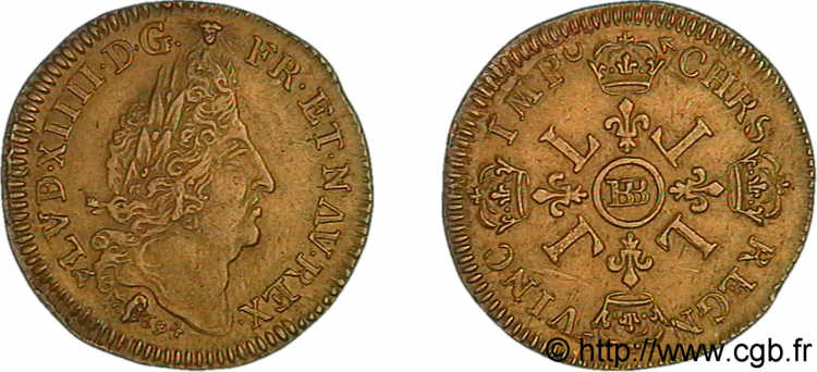 LOUIS XIV  THE SUN KING  Louis d or aux quatre L 1694 Strasbourg BB