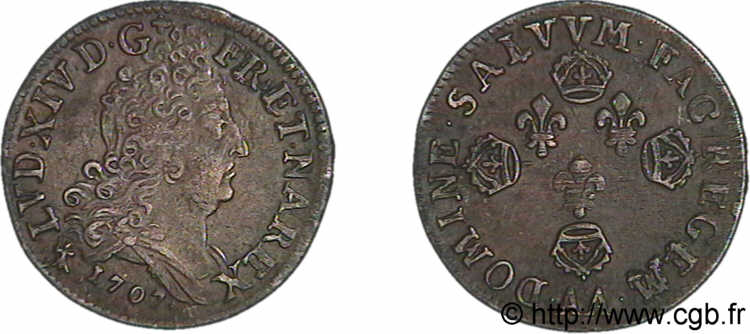 LOUIS XIV  THE SUN KING  Dix sols aux quatre couronnes 1707 Metz q.SPL