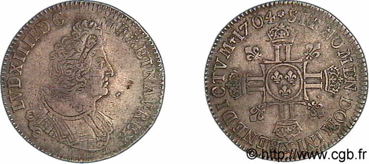 LOUIS XIV LE GRAND OU LE ROI SOLEIL Demi-écu aux huit L, 2e type 1704 Amiens TTB