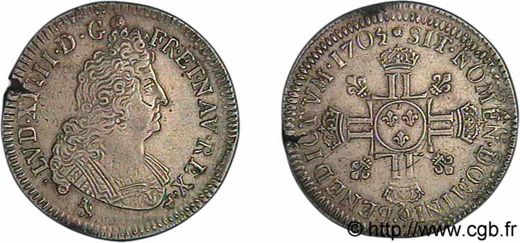 LOUIS XIV LE GRAND OU LE ROI SOLEIL Demi-écu aux huit L, 2e type 1705 Rennes TTB+/TTB