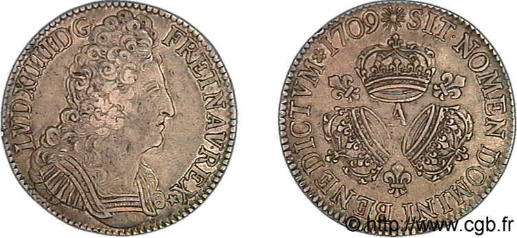 LOUIS XIV  THE SUN KING  Écu aux trois couronnes 1709 Paris XF