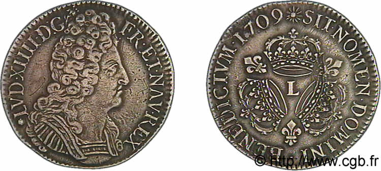 LOUIS XIV  THE SUN KING  Écu aux trois couronnes 1709 Bayonne VF/XF