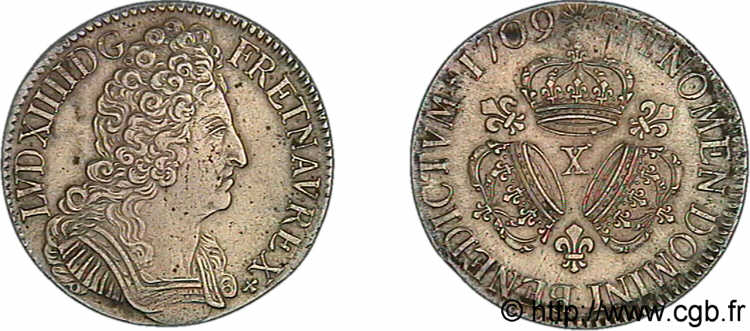 LOUIS XIV  THE SUN KING  Écu aux trois couronnes 1709 Amiens q.SPL