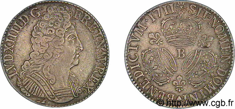 LOUIS XIV  THE SUN KING  Écu aux trois couronnes 1711 Rouen XF