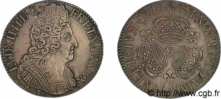 LOUIS XIV &nbsp;THE SUN KING&nbsp; Écu aux trois couronnes 1711 Rennes AU