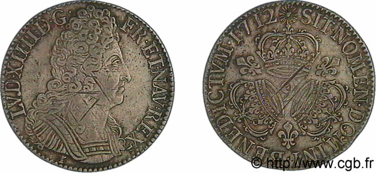 LOUIS XIV  THE SUN KING  Écu aux trois couronnes 1712 Rennes BC+