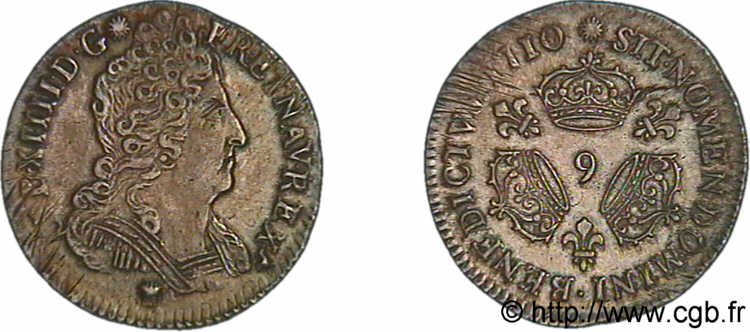 LOUIS XIV  THE SUN KING  Dixième d écu aux trois couronnes 1710 Rennes VZ