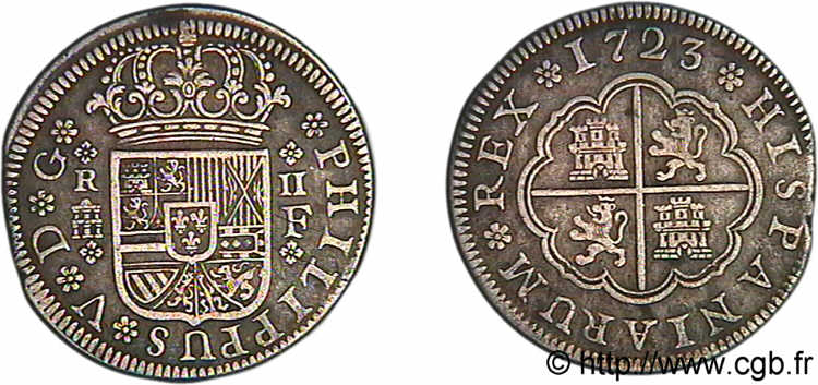 SPANIEN - KÖNIGREICH SPANIEN - PHILIPP V. VON BOURBON Deux réaux 1723 Ségovie fVZ