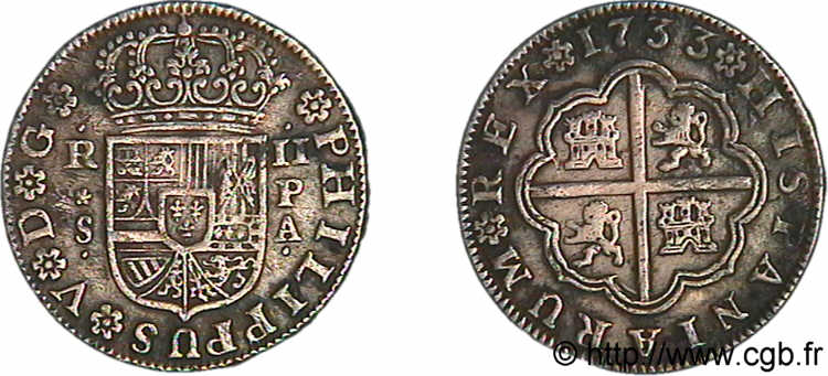 SPAIN - KINGDOM OF SPAIN - PHILIP V OF BOURBON Deux réaux 1733 Séville XF