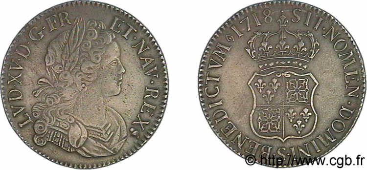 LOUIS XV  THE WELL-BELOVED  Écu de Navarre 1718 Reims q.SPL