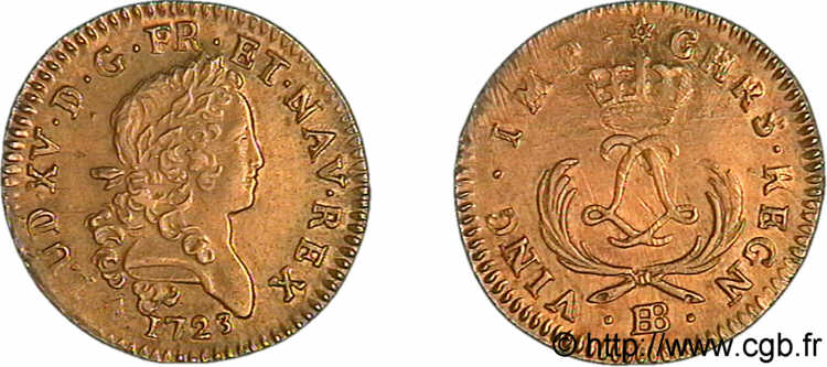 LOUIS XV  THE WELL-BELOVED  Louis d or aux deux L entrelacées et aux palmes courtes 1723 Strasbourg EBC