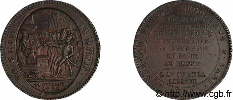 REVOLUTION COINAGE Monneron de 5 sols au serment (An IV) 1792 Birmingham, Soho AU