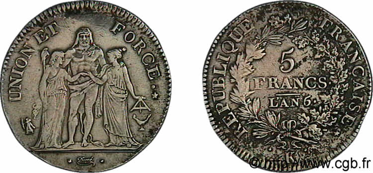 5 francs Union et Force, Union serré, seulement gland extérieur 1798 Bordeaux F.288/61 XF 