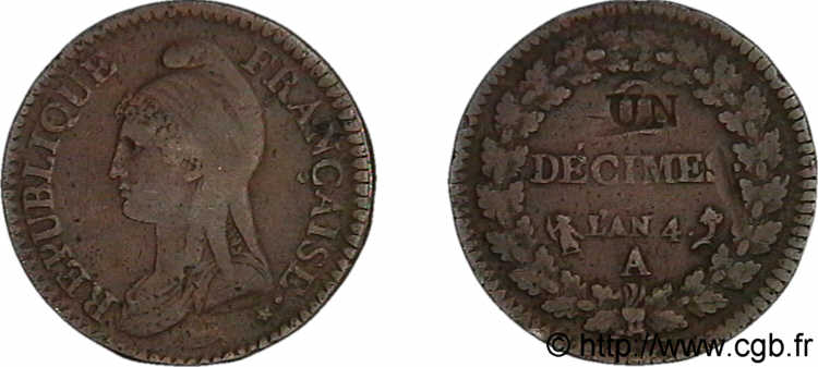 Un décime Dupré, modification du 2 décimes 1796 Paris F.127/1 VF 
