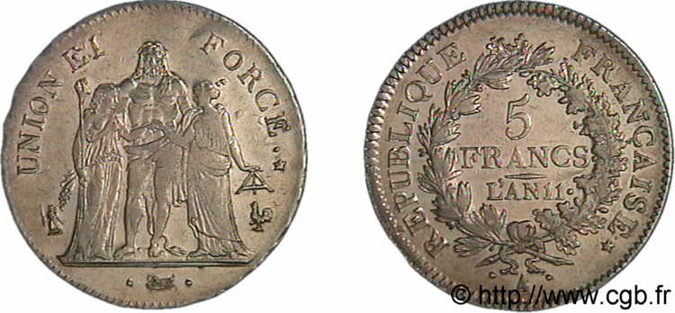 5 francs Union et Force, Union serré, seulement glands intérieurs 1803 Paris F.288/187 MBC 