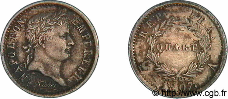 Quart de franc Napoléon Ier tête laurée, république française 1807 Paris F.161/1 SPL 