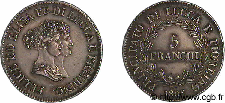ITALY - PRINCIPALTY OF LUCCA AND PIOMBINO - FELIX BACCIOCHI AND ELISA BONAPARTE 5 franchi, bustes moyens 1805 Florence AU 