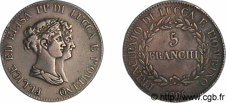 ITALIA - PRINCIPADO DE LUCCA Y PIOMBINO - FELICE BACCIOCHI Y ELISA BONAPARTE 5 franchi, bustes moyens 1806 Florence MBC 