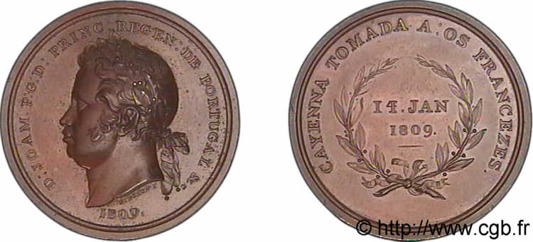 GUYANE - OCCUPATION PORTUGAISE - PRINCE JEAN RÉGENT Médaille BR 51, prise de Cayenne 1809 Brésil, Rio ou Bahia SUP 