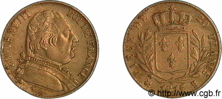20 francs or Louis XVIII, buste habillé 1815 Bordeaux F.517/12 MBC 