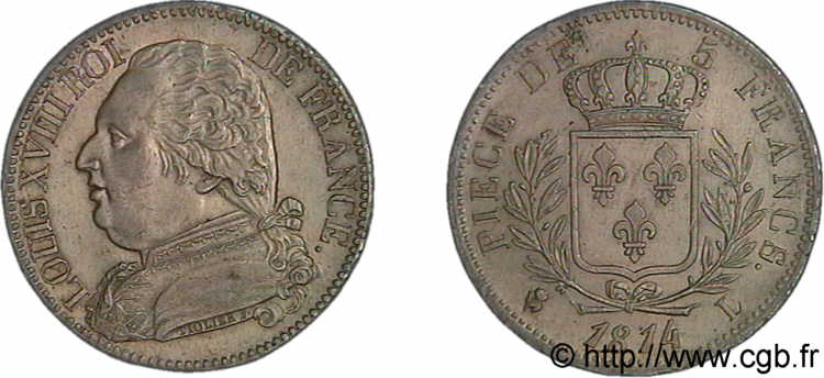 5 francs Louis XVIII, buste habillé 1814  Bayonne F.308/8 SPL 