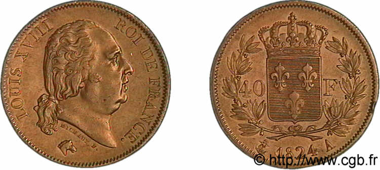40 francs or Louis XVIII 1824 Paris F.542/14 MBC 