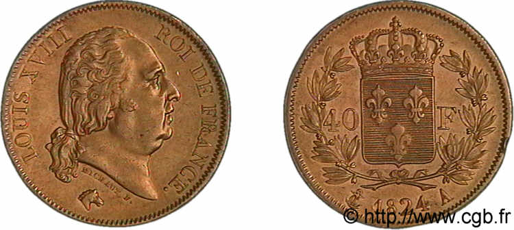 40 francs or Louis XVIII 1824 Paris F.542/14 XF 