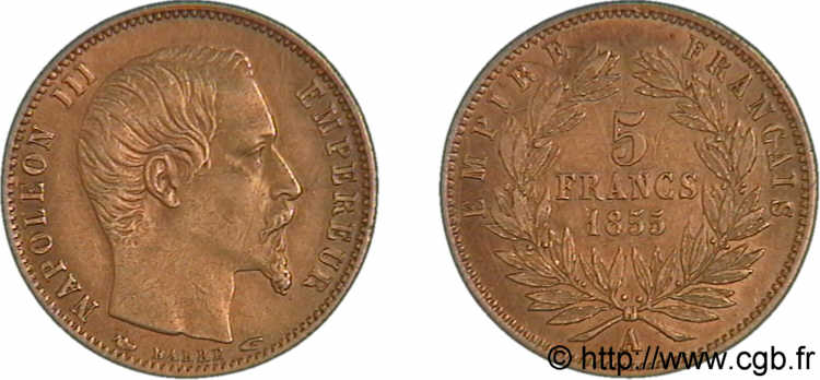 5 francs or Napoléon III tête nue, petit module 1855 Paris F.500A/2 TTB 