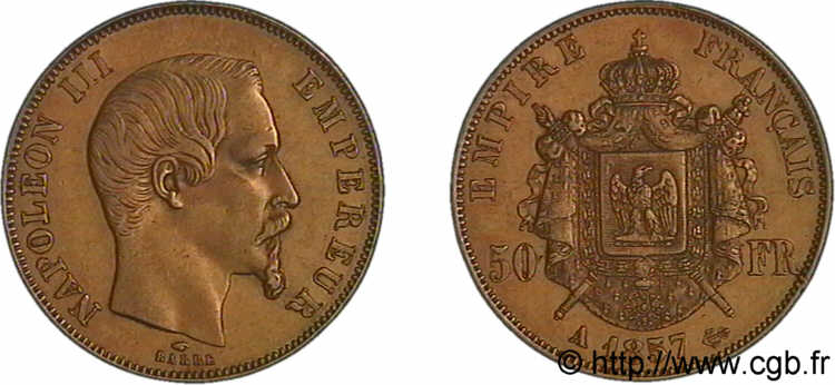 50 francs or Napoléon III tête nue 1857 Paris F.547/4 SS 