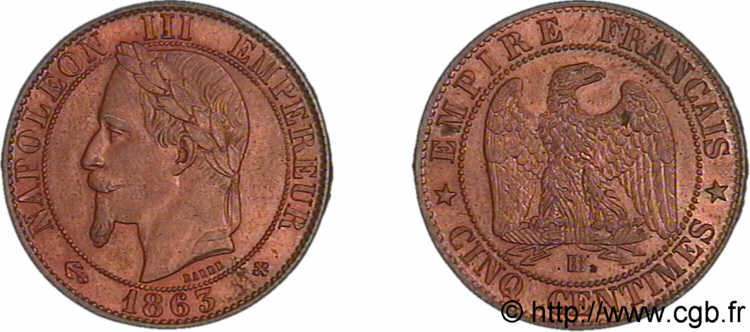 Cinq centimes Napoléon III tête laurée 1863 Strasbourg F.117/11 VZ 