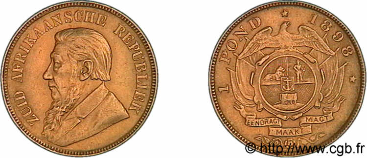 AFRIQUE DU SUD - RÉPUBLIQUE - PRÉSIDENT KRUGER 1 pond (pound ou livre) 1898  VZ 