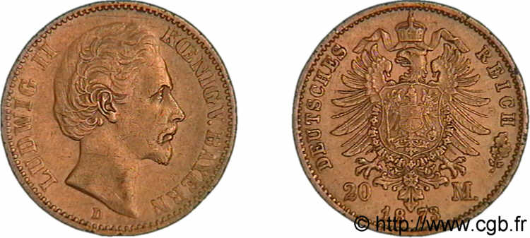 ALLEMAGNE - ROYAUME DE BAVIÈRE - LOUIS II 20 marks or, 1er type 1873  Münich SS 