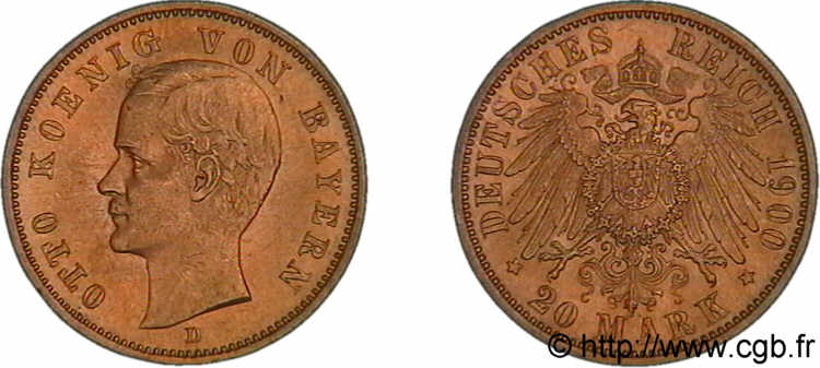 ALLEMAGNE - ROYAUME DE BAVIÈRE - OTHON 20 marks or 1900 Munich, D, 501.217 ex EBC 
