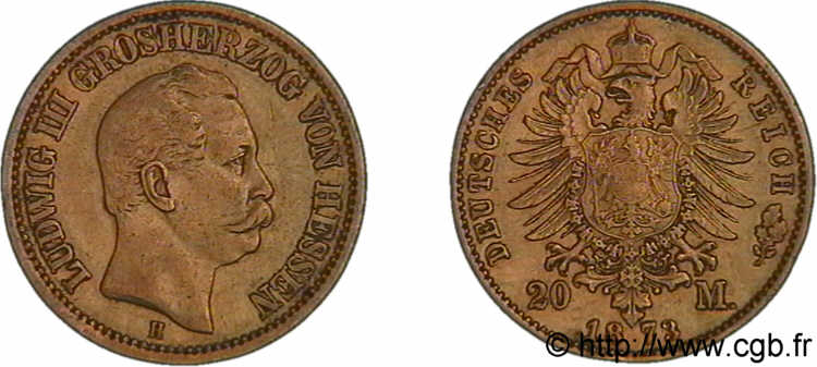 ALLEMAGNE - GRAND-DUCHÉ DE HESSE - LOUIS III 20 marks or, 1er type 1873 Darmstadt TTB 