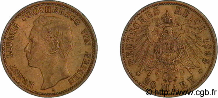 GERMANY - GRAND DUCHY OF HESSE - ERNEST-LOUIS 20 marks or, 2e type 1899 Berlin XF 
