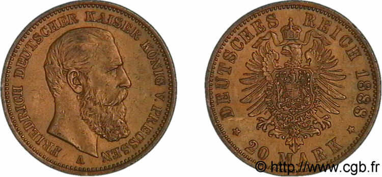 ALLEMAGNE - ROYAUME DE PRUSSE - FRÉDÉRIC III 20 marks or 1888 Berlin BB/SPL 