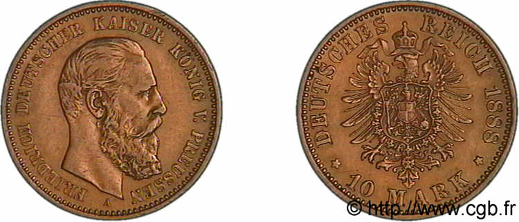 GERMANY - KINGDOM OF PRUSSIA - FREDERICK III 10 marks or 1888 Berlin XF 