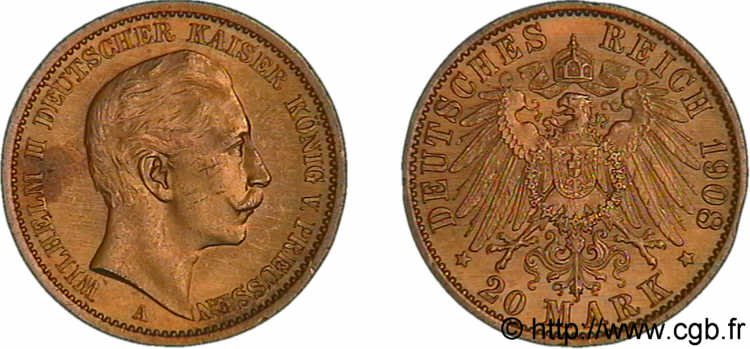 GERMANY - KINGDOM OF PRUSSIA - WILLIAM II 20 marks or, 2e type 1908 Berlin AU 