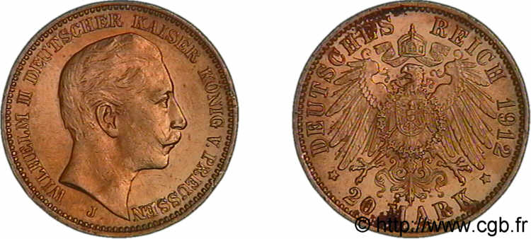 GERMANY - KINGDOM OF PRUSSIA - WILLIAM II 20 marks or, 2e type 1912 Hambourg AU 