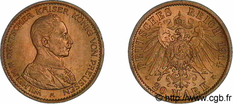 GERMANIA - REGNO DI PRUSSIA - GUGLIELMO II 20 marks or, 3e type 1914 Hambourg SPL 