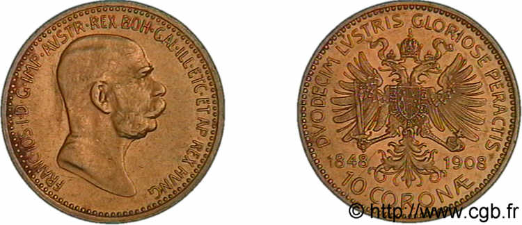 AUTRICHE - FRANÇOIS-JOSEPH Ier 10 couronnes en or, 60e anniversaire de règne, 1848-1908 1908 Vienne EBC 