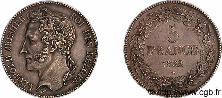 BELGIUM - KINGDOM OF BELGIUM - LEOPOLD I 5 francs tête laurée, tranche en creux 1832 Bruxelles AU 