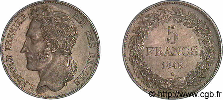 BELGIQUE - ROYAUME DE BELGIQUE - LÉOPOLD Ier 5 francs tête laurée, tranche en relief 1848 Bruxelles VZ 